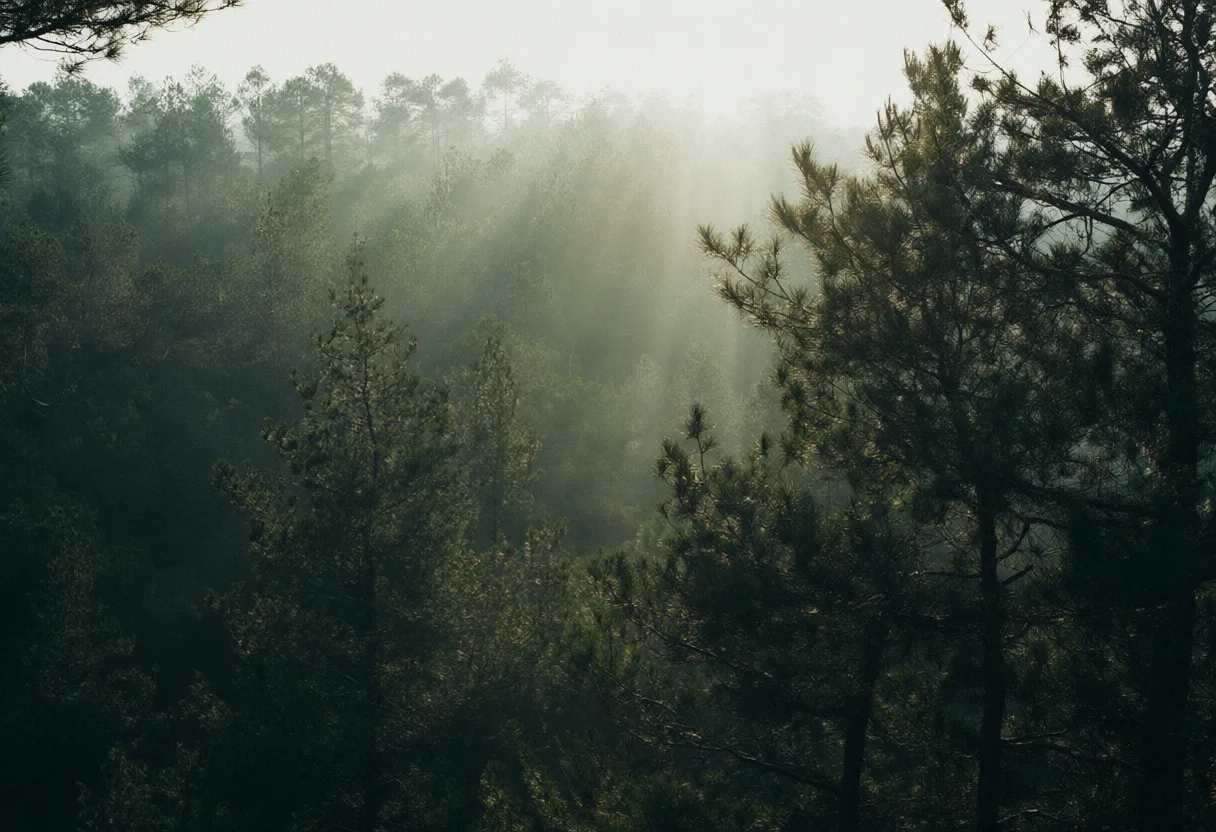 Misty pine forest with soft sun rays through the trees (AI-generated)
