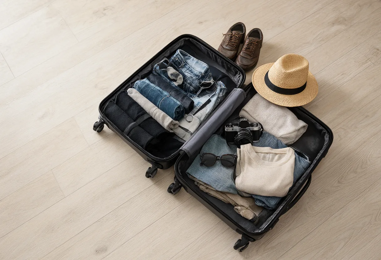 Open packed suitcase flat lay with clothes, camera and hat (AI-generated)