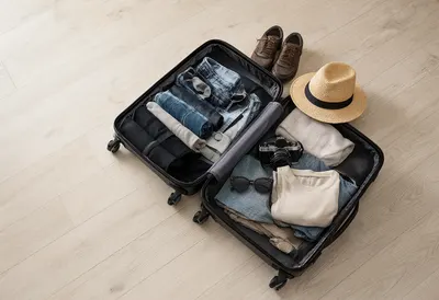 ภาพ Flat Lay กระเป๋าเดินทางเปิดพร้อมของ (สร้างด้วย AI)