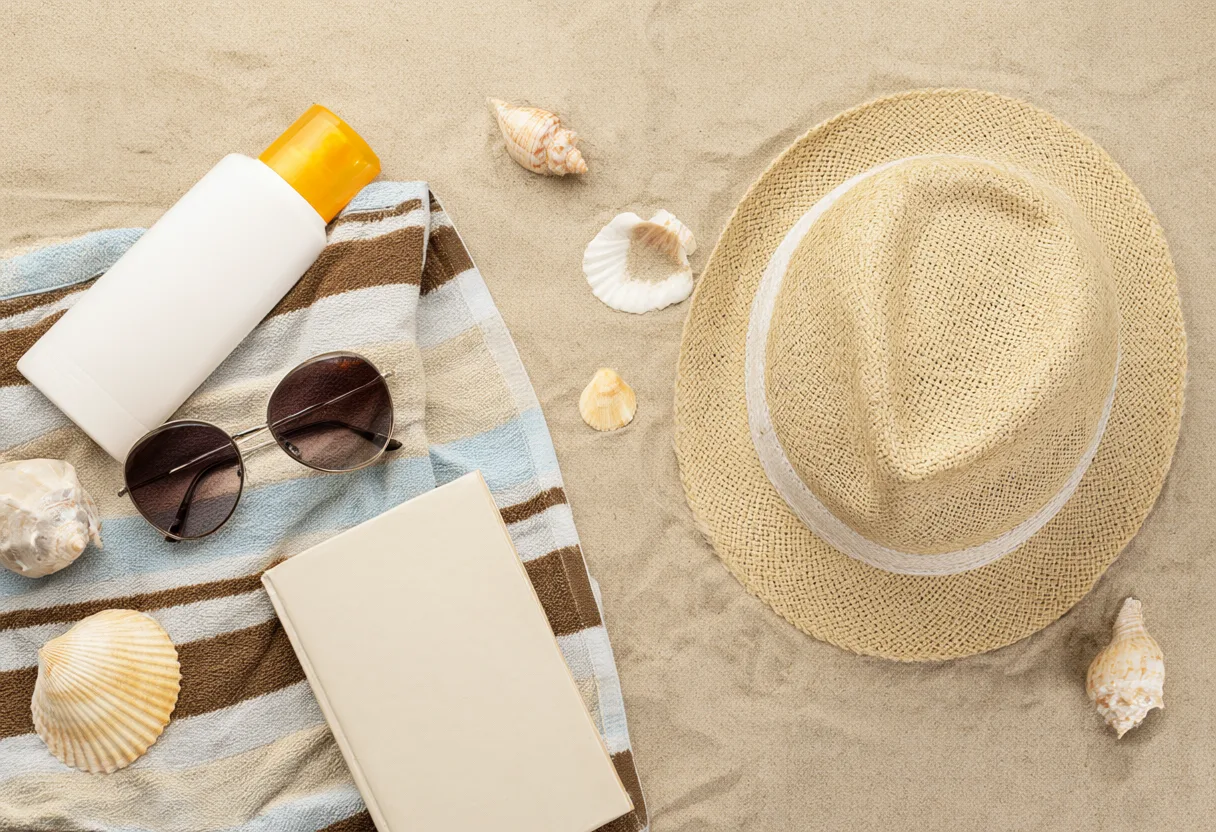 Beach essentials flat lay with towel, sunglasses and hat (AI-generated)