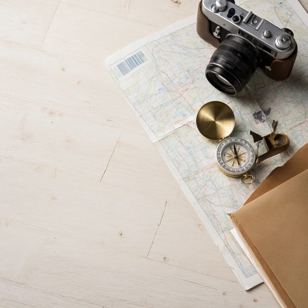 Flat lay of a map, brass compass and vintage camera (AI-generated)