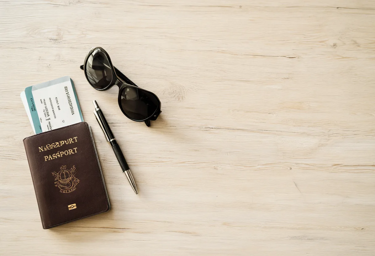 Flat lay of a passport, boarding pass, sunglasses and pen (AI-generated)