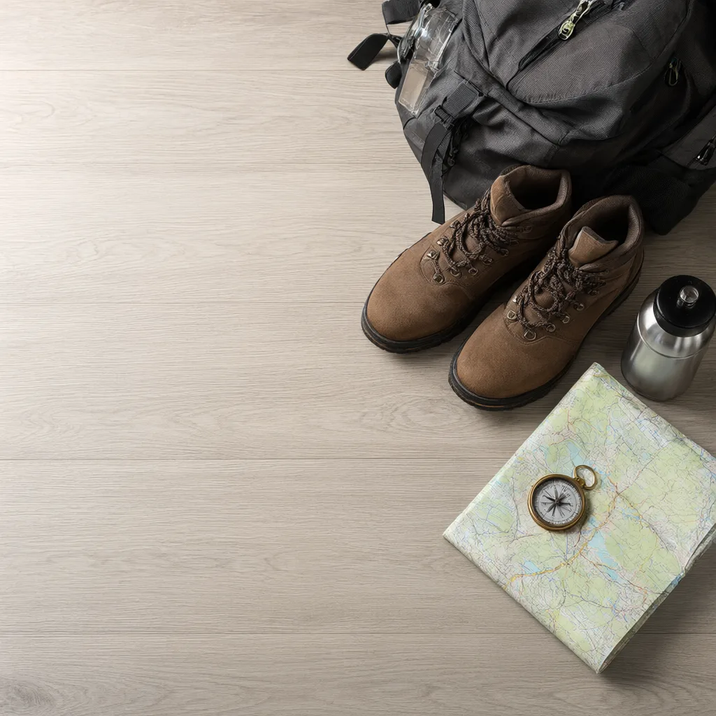 Hiking gear flat lay with backpack, boots and compass (AI-generated)