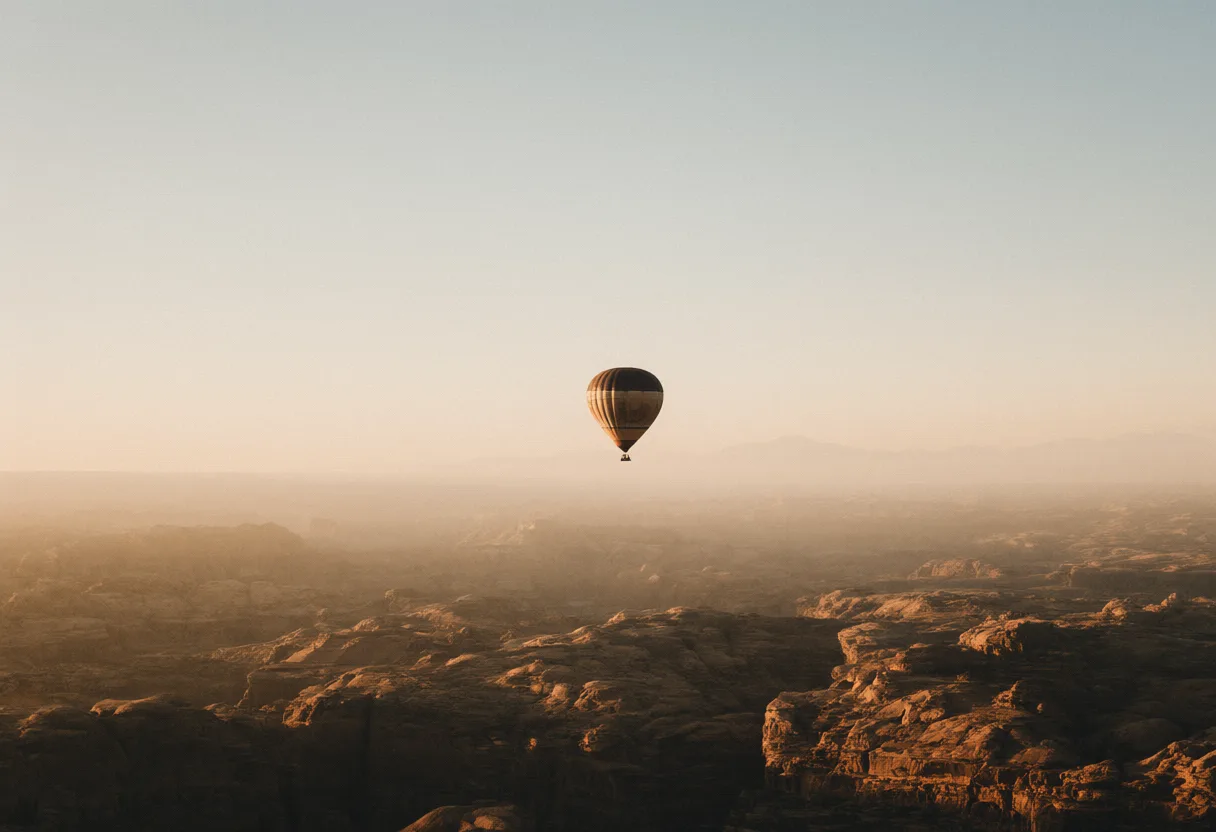 Hot air balloon floating over a canyon at sunrise (AI-generated)
