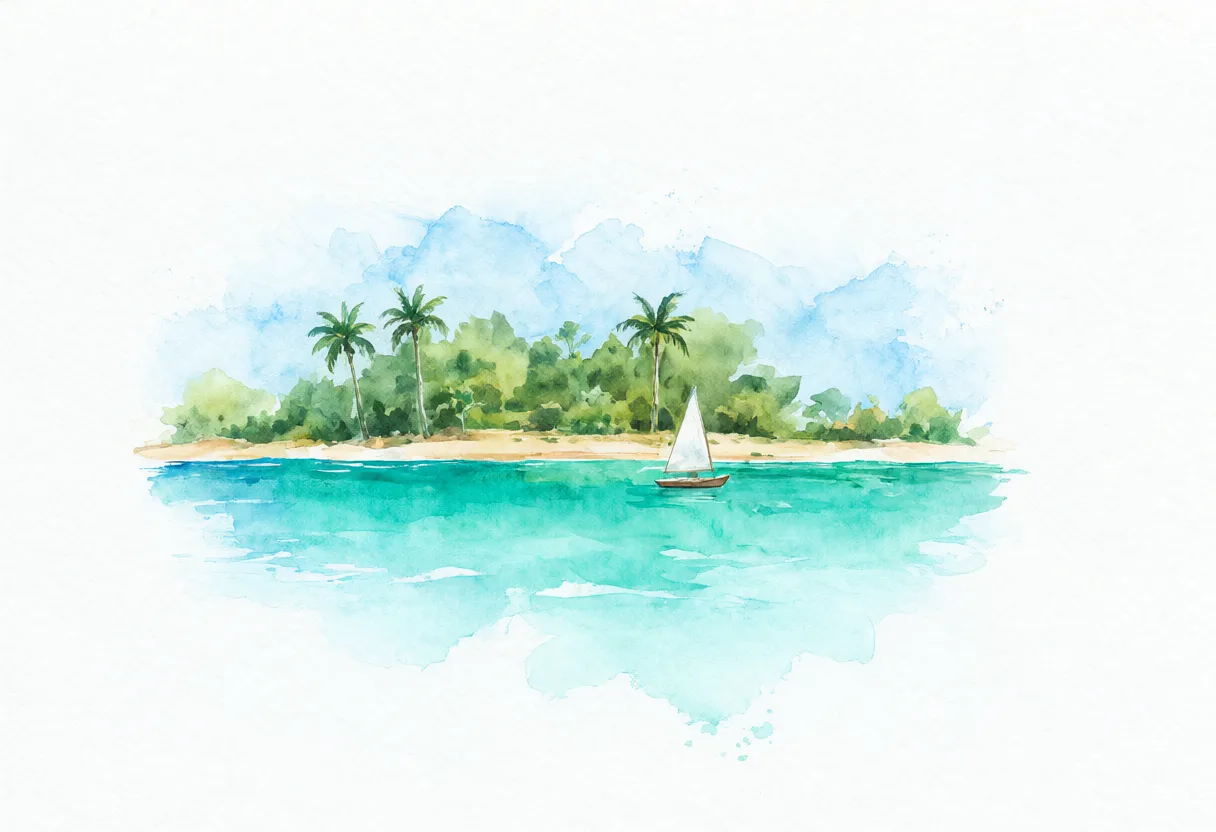Watercolor illustration of a tropical island with a sailboat (AI-generated)