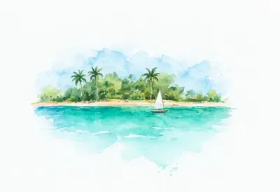Watercolor Tropical Island with Sailboat (AI-generated)