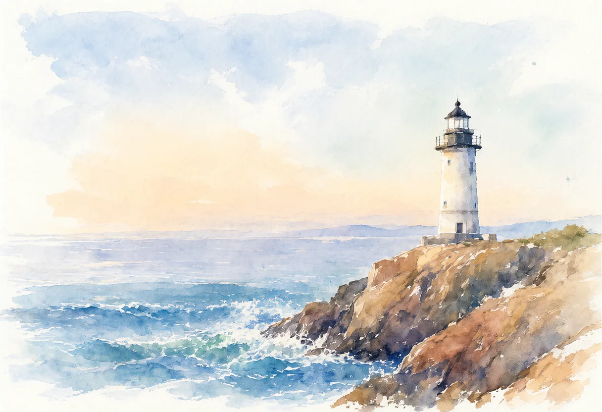 Watercolor illustration of a lighthouse on a cliff (AI-generated)