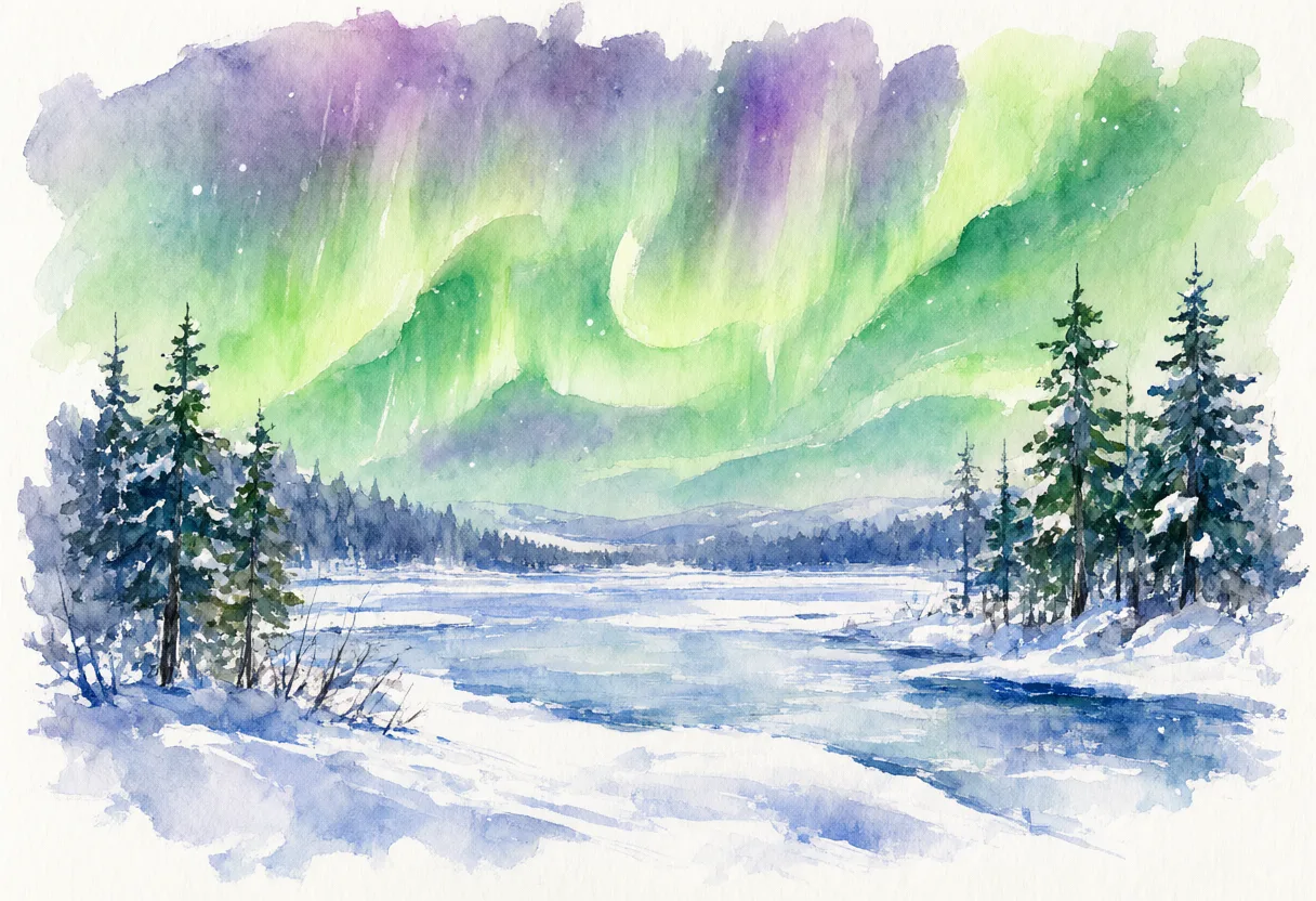 Watercolor illustration of northern lights over snow (AI-generated)