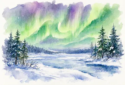 Watercolor Northern Lights over Snow (AI-generated)
