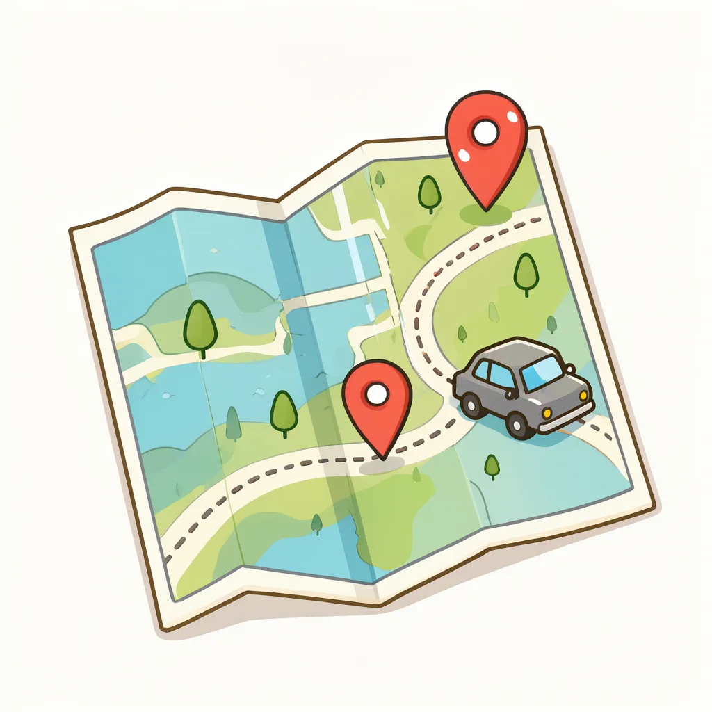 Cute cartoon travel map with pins and a car (AI-generated)