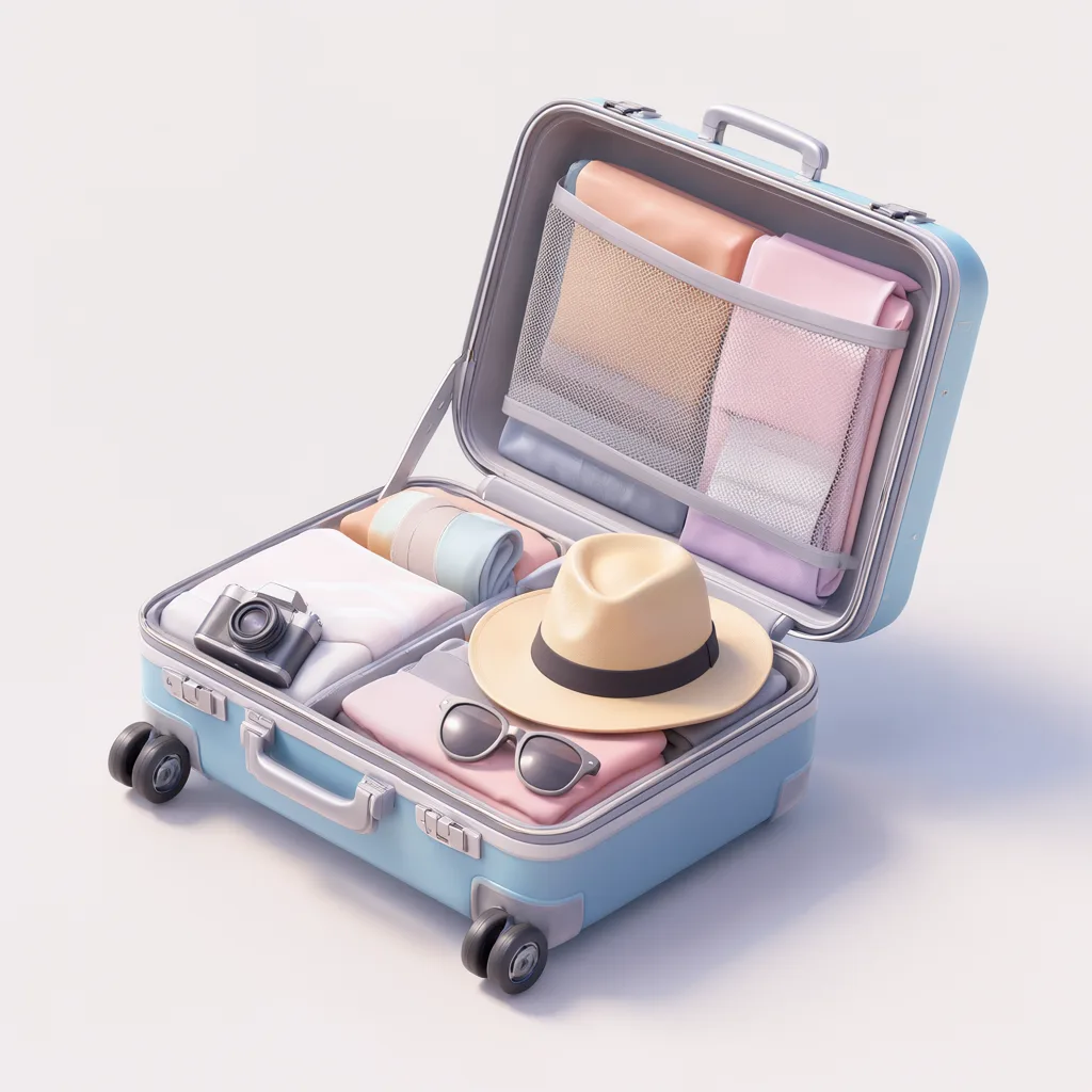 3D isometric open suitcase illustration with travel items (AI-generated)