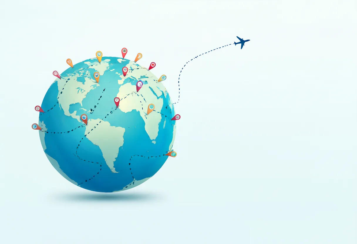 Symbolic globe illustration with location pins and airplane path (AI-generated)