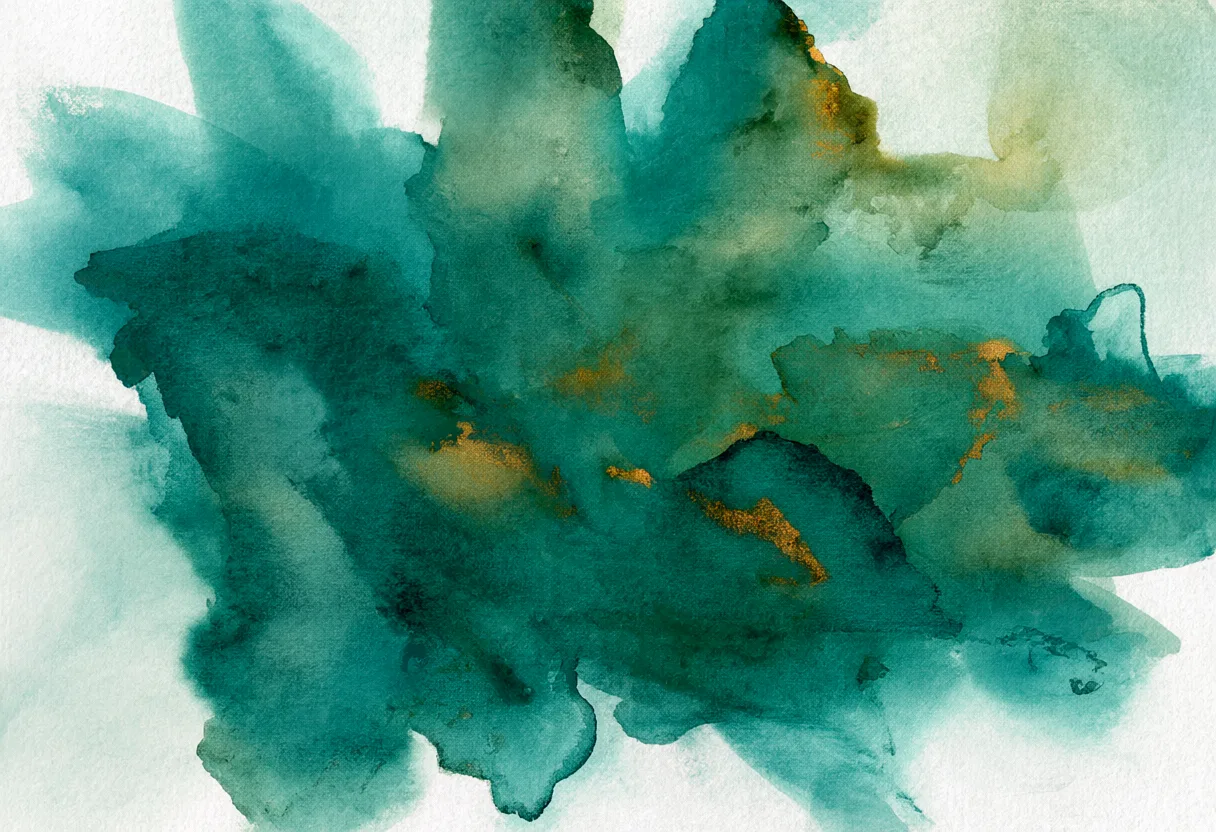Teal and gold watercolor abstract painting (AI-generated)
