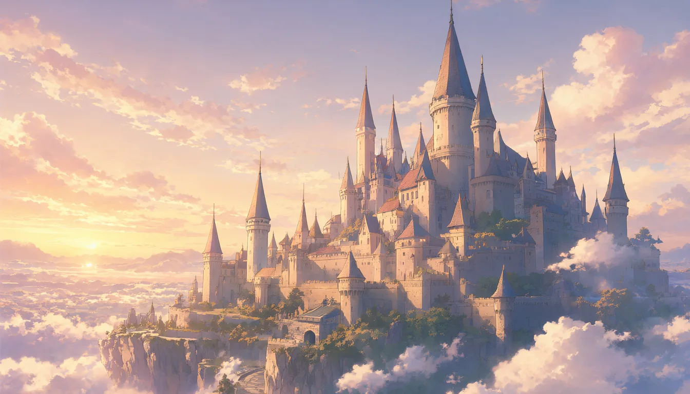 Anime fantasy castle floating in the sky at sunset (AI-generated)