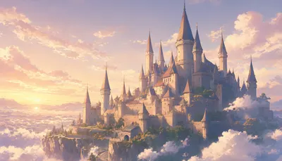 Anime Fantasy Castle in the Sky at Sunset (AI-generated)