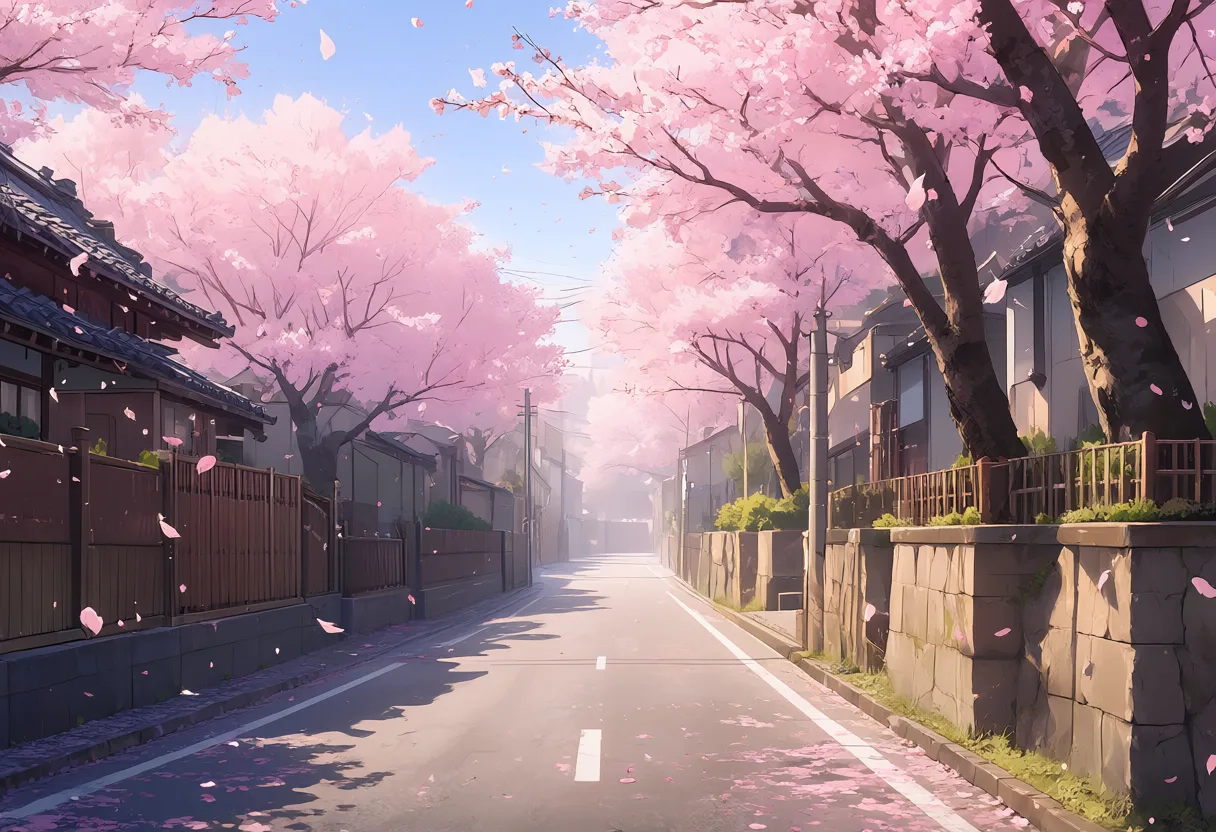 Anime cherry blossom street with falling pink petals (AI-generated)