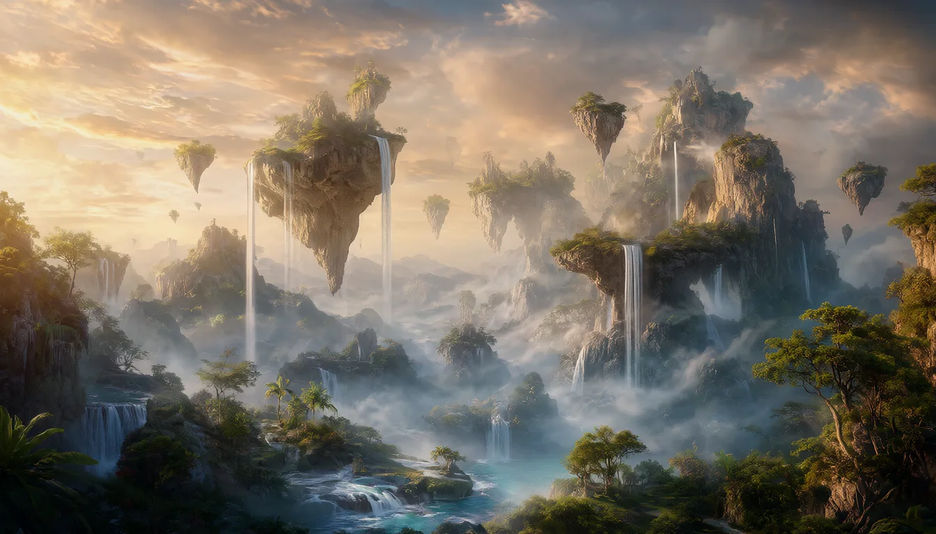 Fantasy floating islands with waterfalls at sunset (AI-generated)