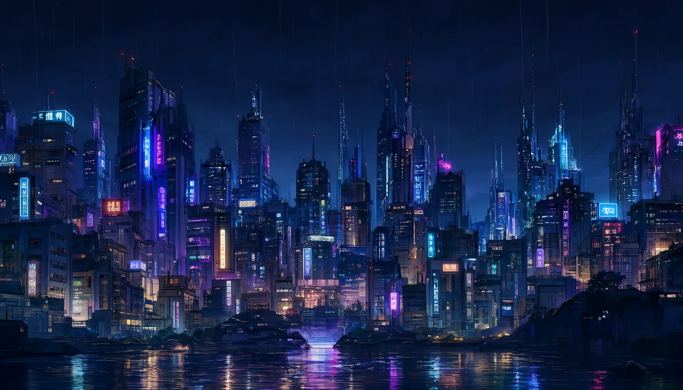 Anime neon city at night with rain and reflections (AI-generated)