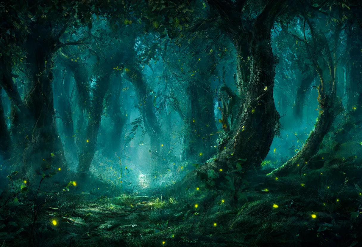 Fantasy enchanted forest with glowing fireflies (AI-generated)