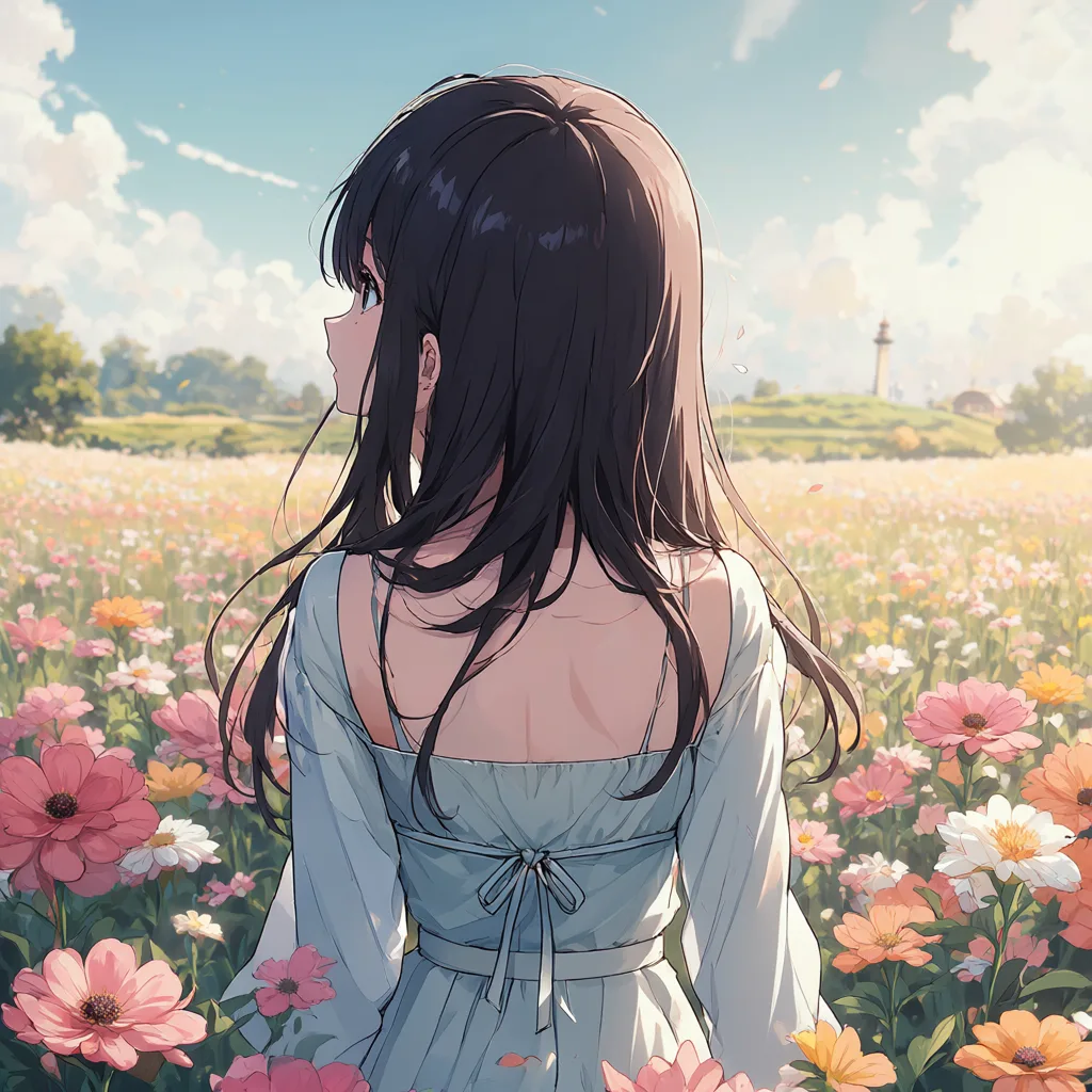 Anime girl with long dark hair in a flower field (AI-generated)