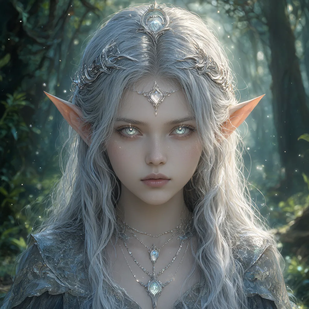 Fantasy elf girl with silver hair in an enchanted forest (AI-generated)