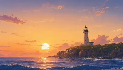 Anime Ocean Sunset with a Lighthouse (AI-generated)