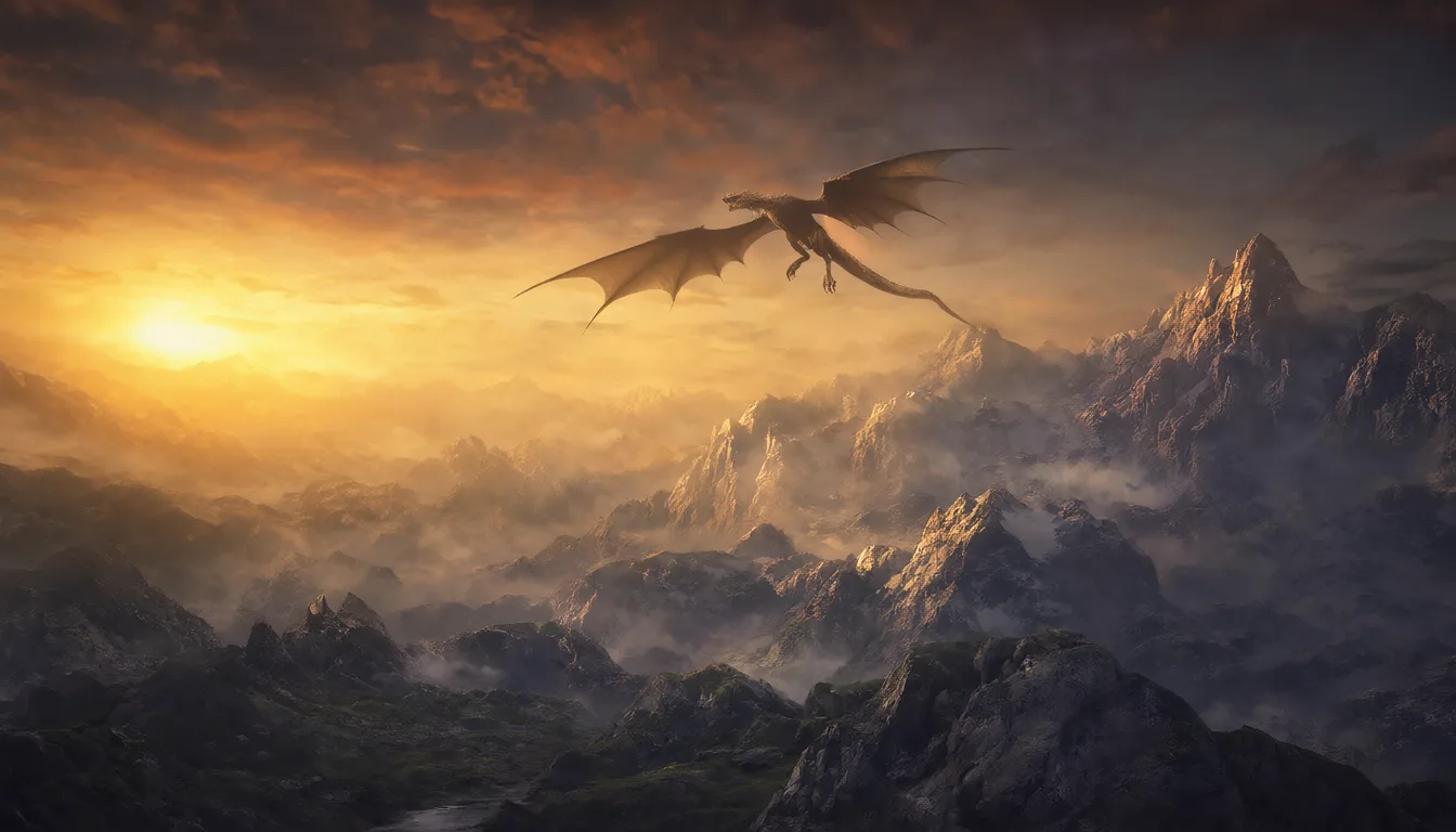 Fantasy dragon silhouette over mountains at sunset (AI-generated)