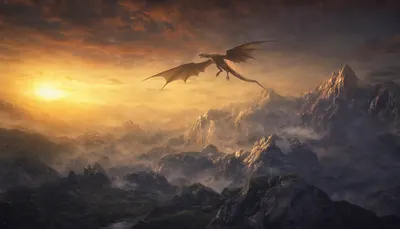 Fantasy Dragon over Mountain Sunset (AI-generated)