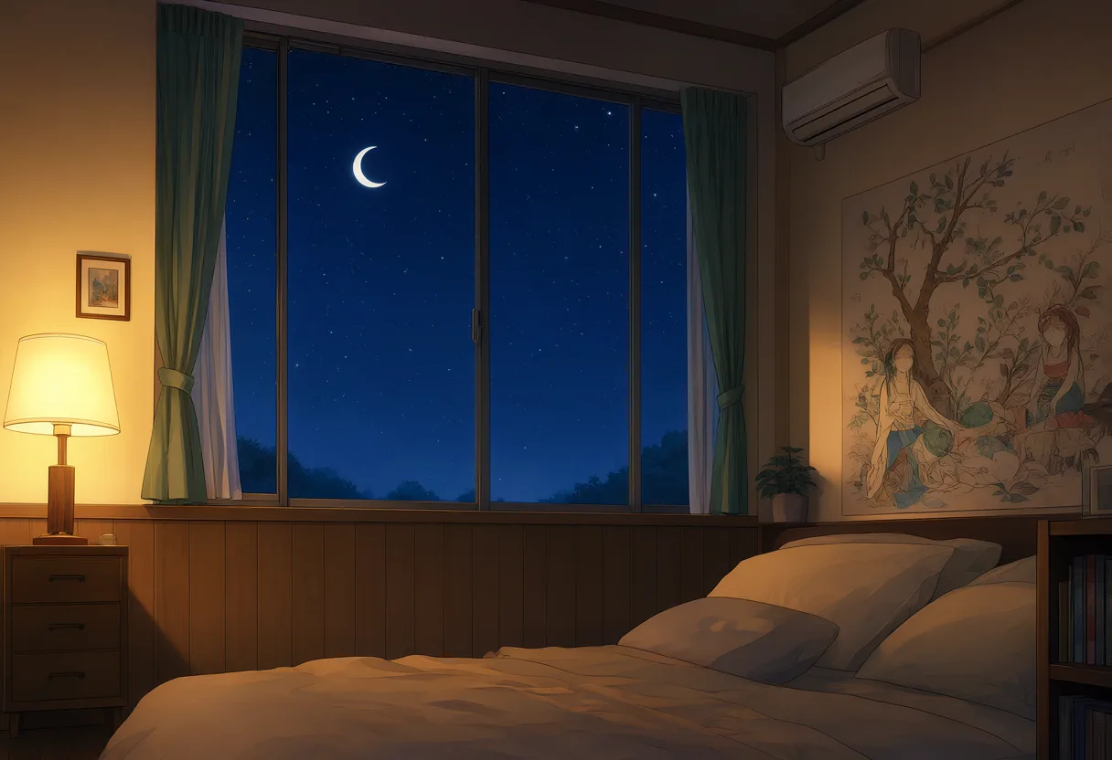 Anime cozy room with a large window and starry sky (AI-generated)