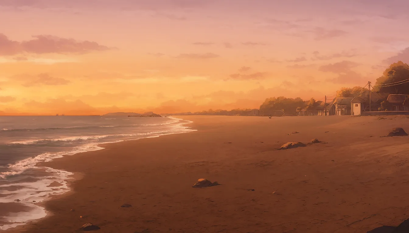 Anime sunset beach with a lone figure in the distance (AI-generated)