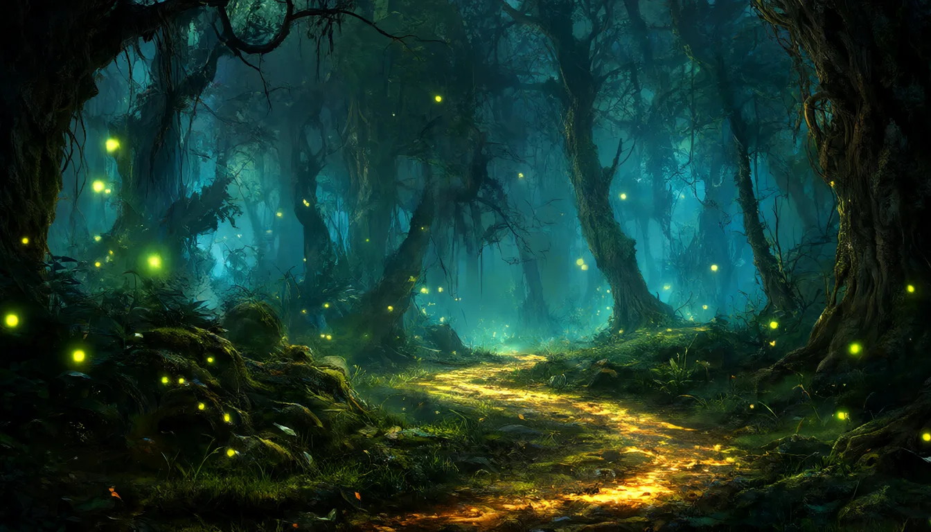 Fantasy glowing forest path with fireflies (AI-generated)