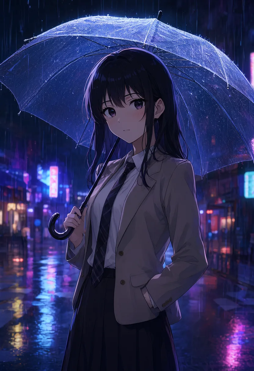 Anime girl with a clear umbrella in neon rain (AI-generated)
