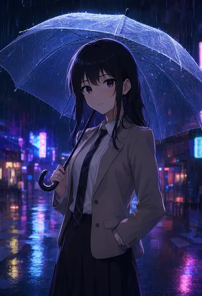 Anime Girl with Umbrella in Neon Rain (AI-generated)