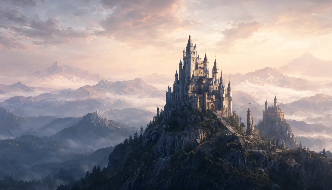 Fantasy castle on a mountain at dawn (AI-generated)