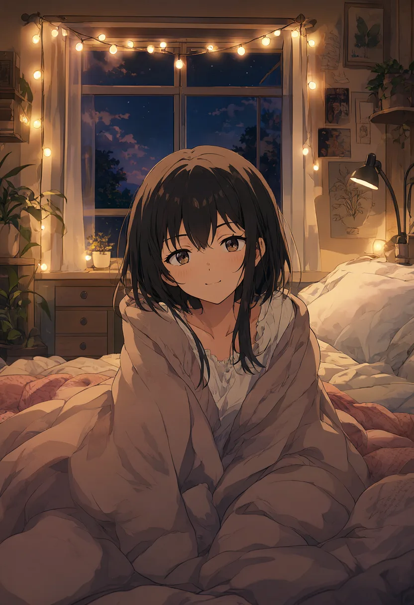 Anime cozy bedroom with warm fairy lights (AI-generated)