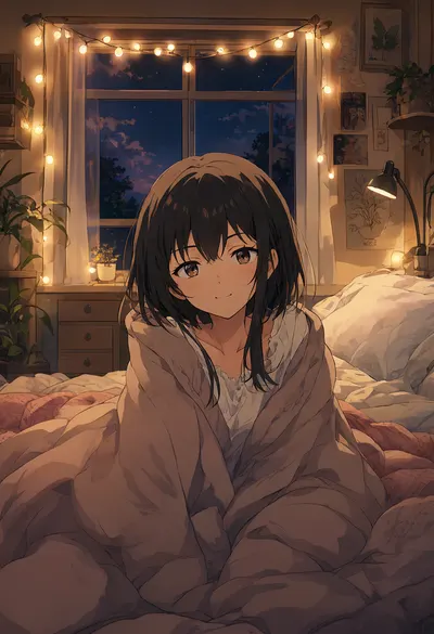 Anime Cozy Bedroom with Fairy Lights (AI-generated)