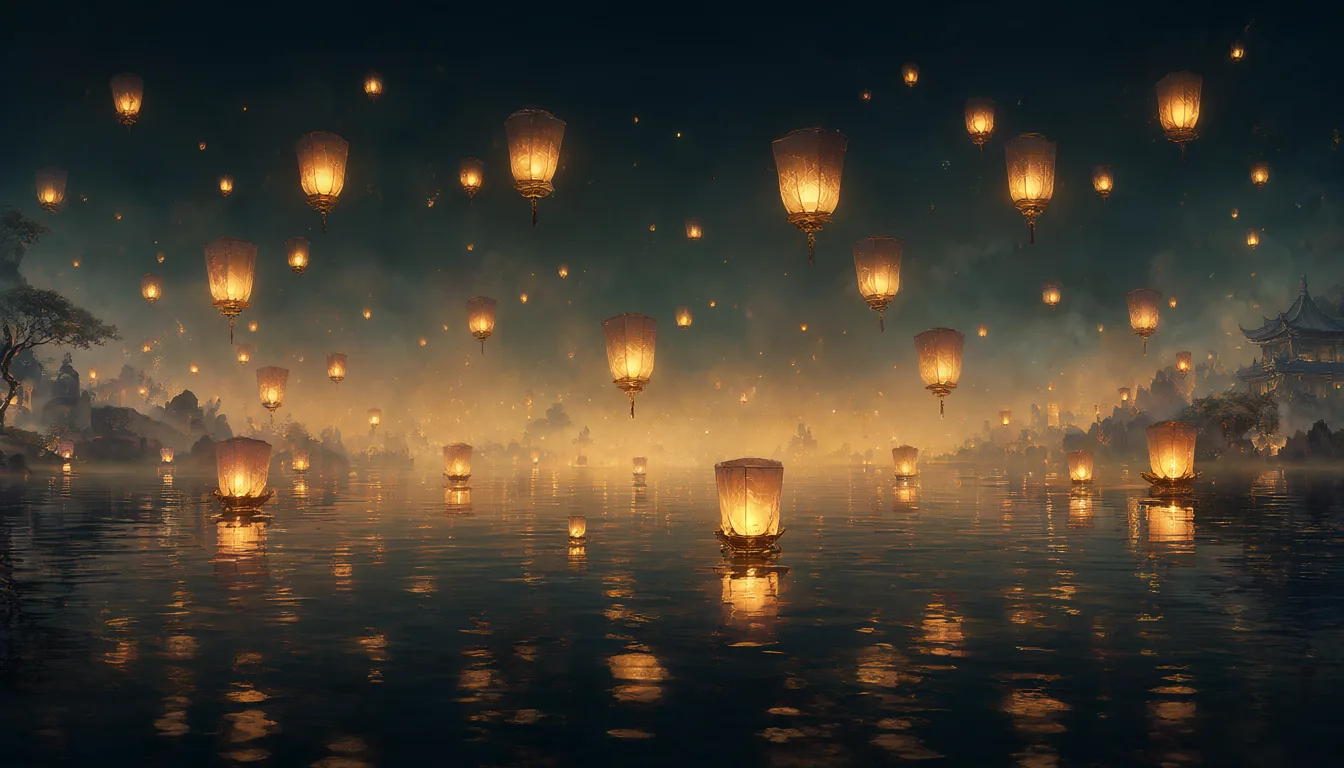Fantasy floating lanterns over a lake at night (AI-generated)