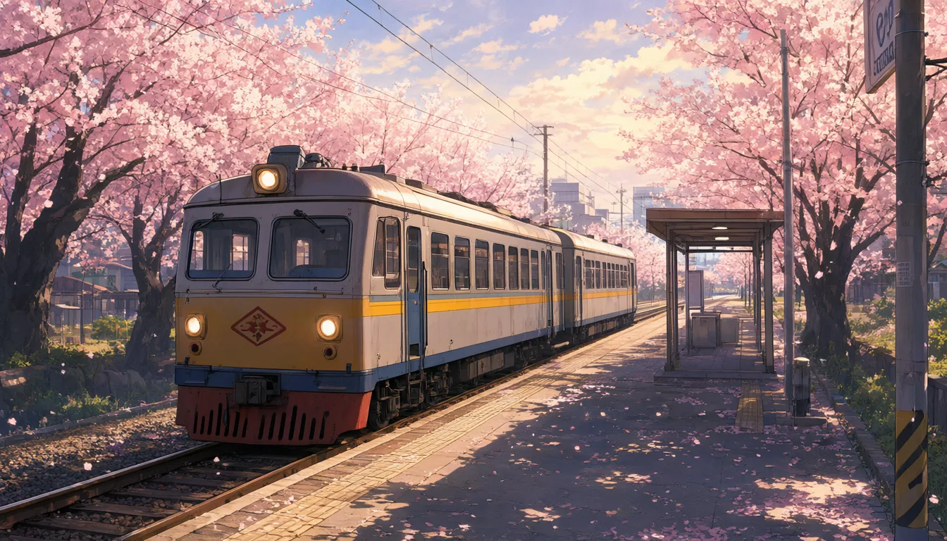 Anime cherry blossom train station (AI-generated)