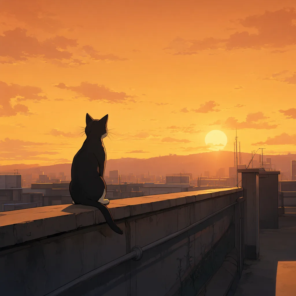 Anime rooftop at sunset with a cat on the railing (AI-generated)