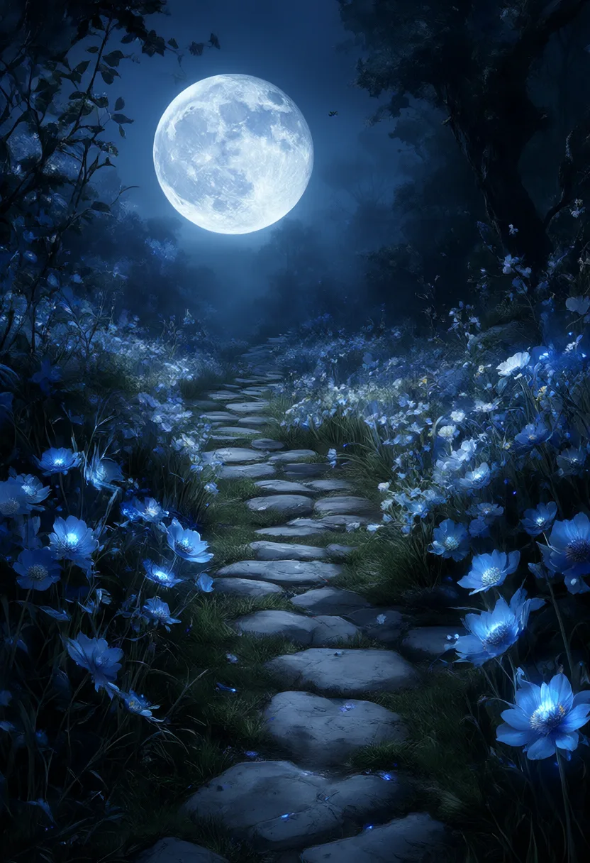 Fantasy moonlit garden with glowing flowers and a stone path (AI-generated)