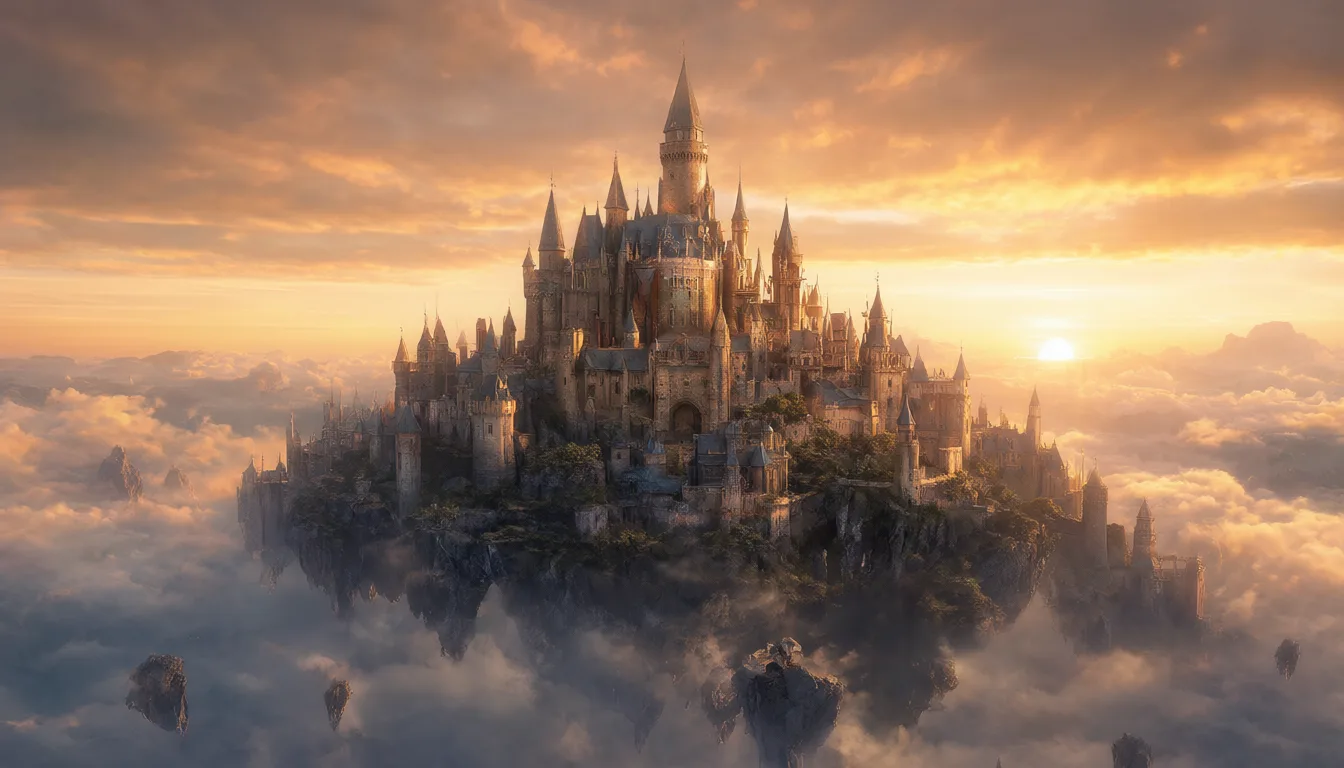Fantasy floating castle above the clouds at sunset (AI-generated)