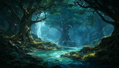 Fantasy Enchanted Forest with a Glowing River (AI-generated)