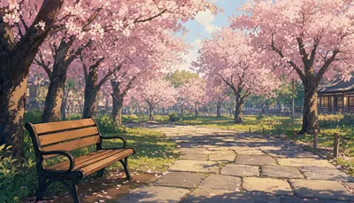 Anime Cherry Blossom Park with a Wooden Bench (AI-generated)