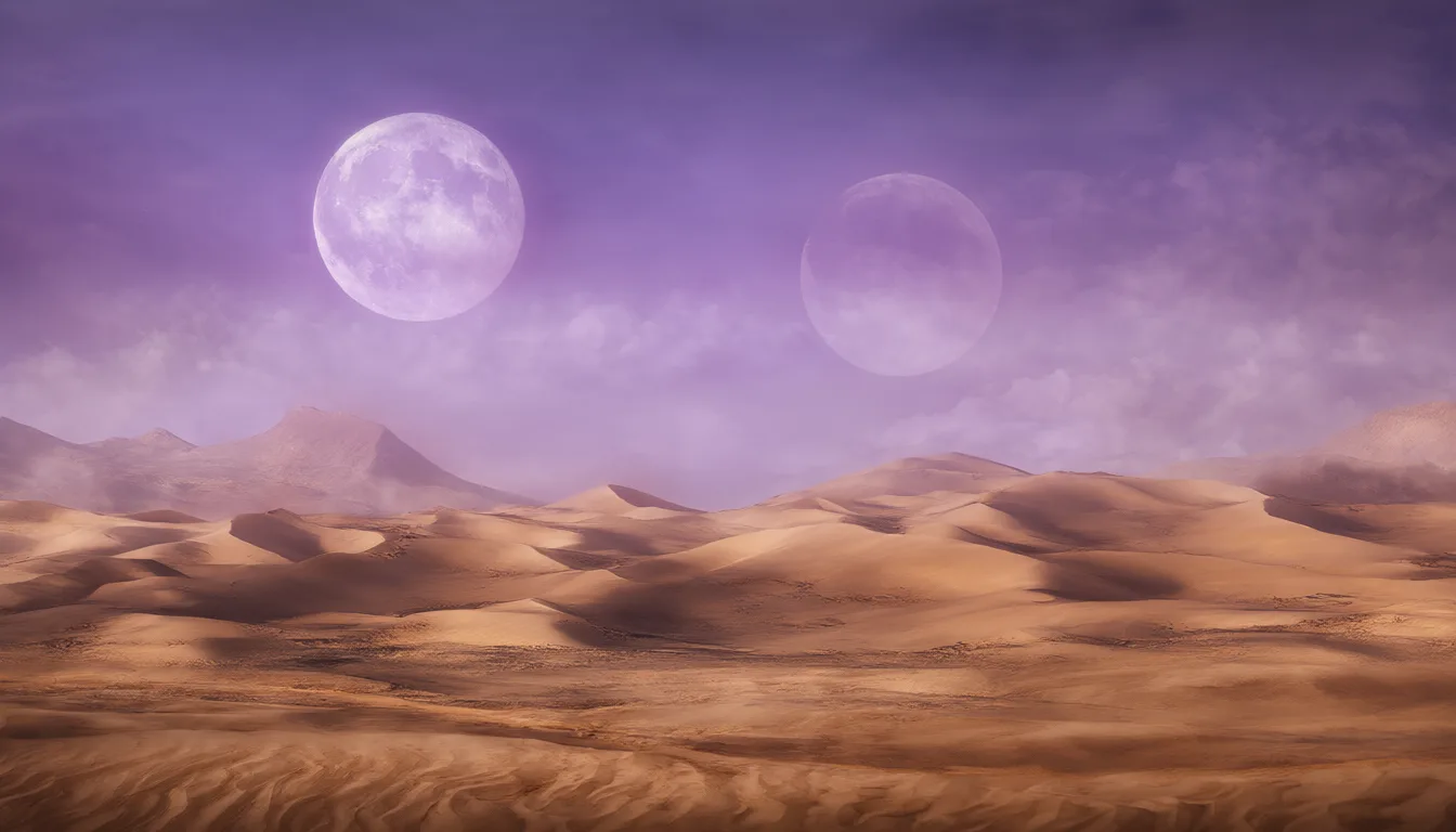 Fantasy desert with two moons and rolling dunes (AI-generated)