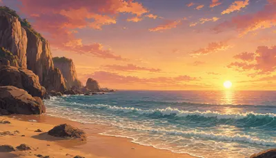 Anime Ocean Sunset with Rocky Cliffs (AI-generated)