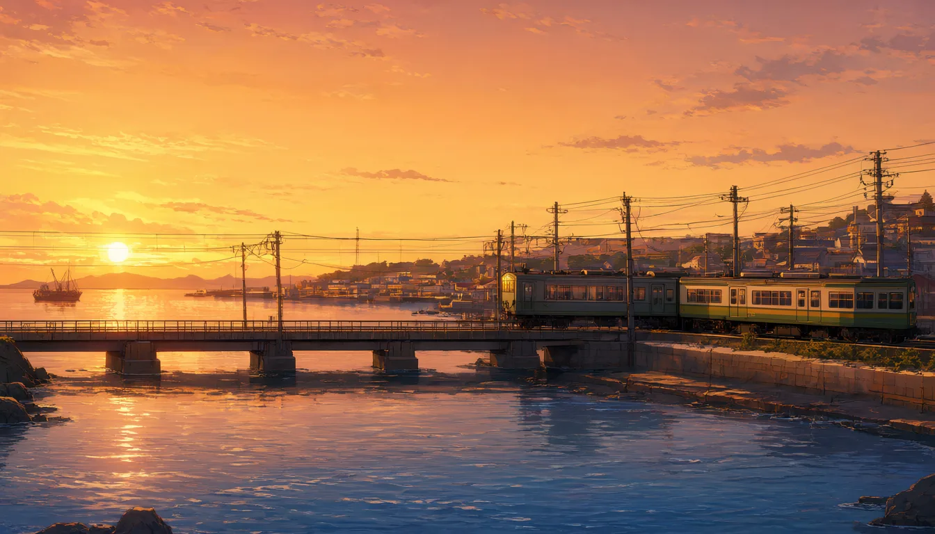 Anime seaside train crossing a bridge at sunset (AI-generated)