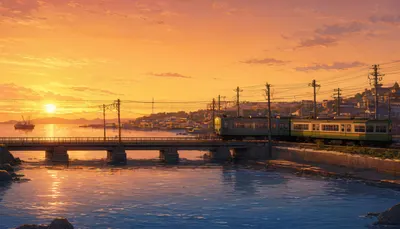 Anime Seaside Train at Sunset (AI-generated)