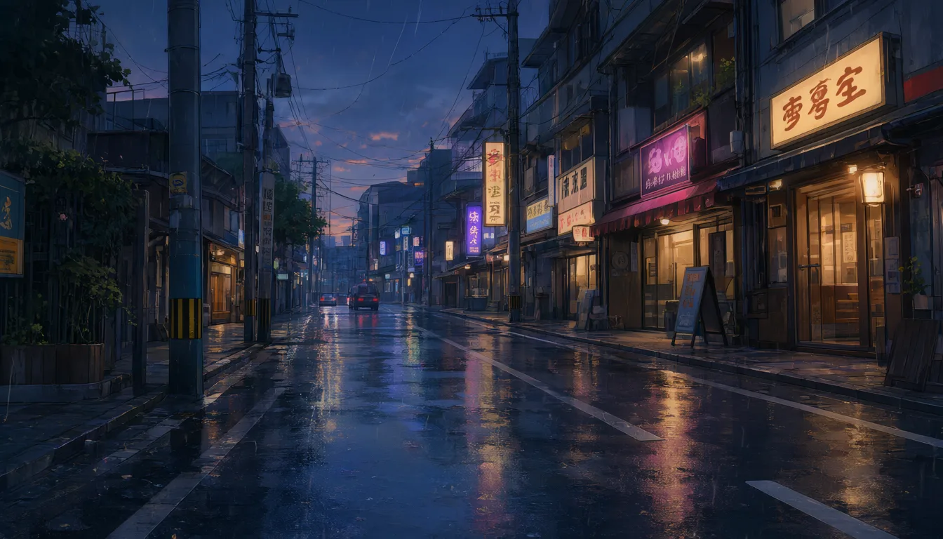 Anime rain-soaked street at dusk with glowing reflections (AI-generated)