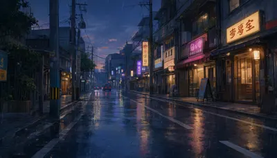Anime Rain-Soaked Street at Dusk (AI-generated)