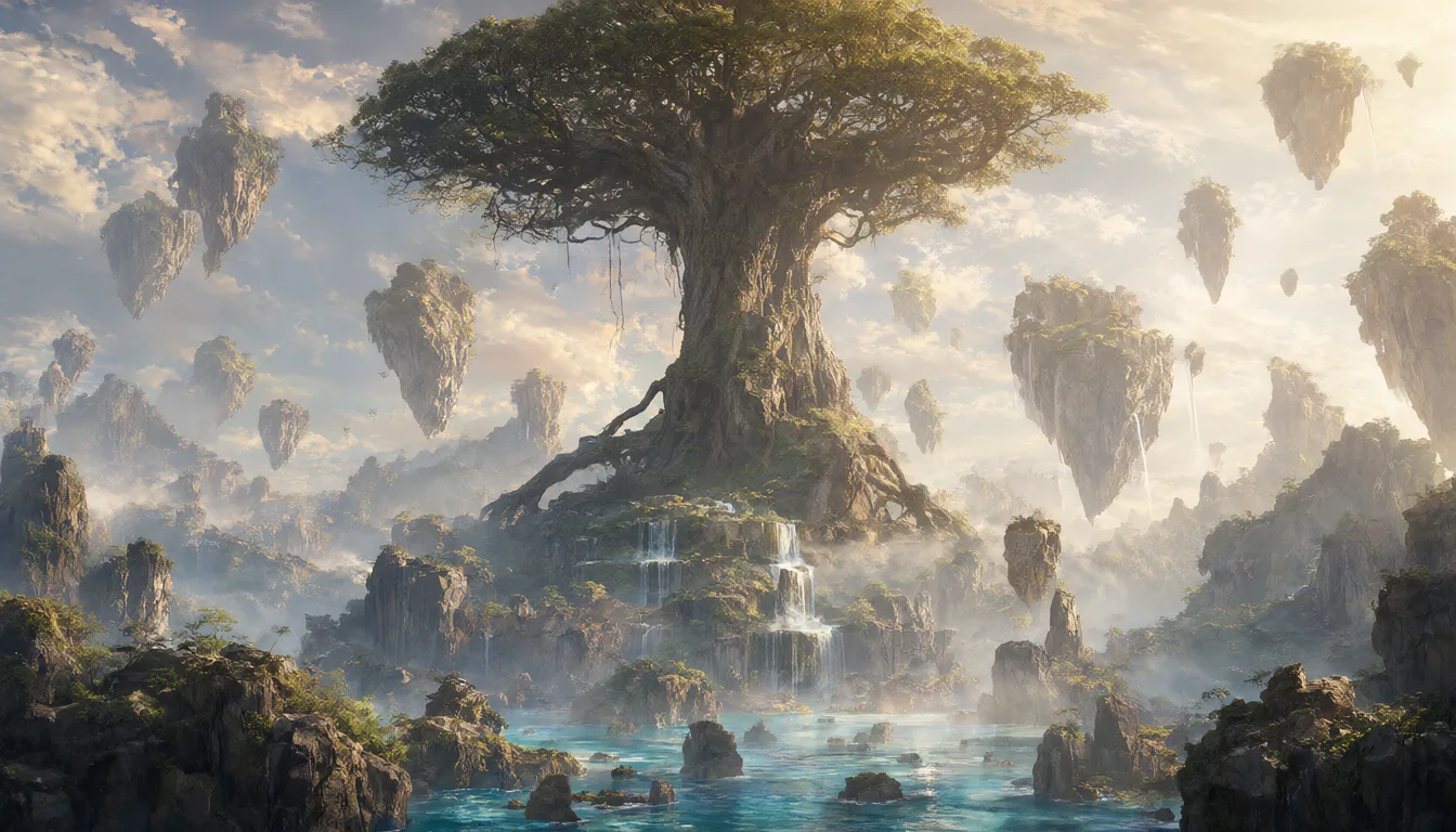 Fantasy sky islands with a giant tree and waterfalls (AI-generated)